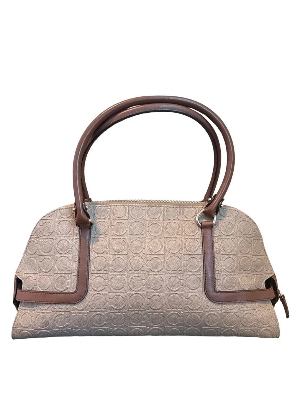 Salvatore Ferragamo Gancini Canvas & Leather Satchel Handbag Beige Brown Italy - Picture 15 of 15